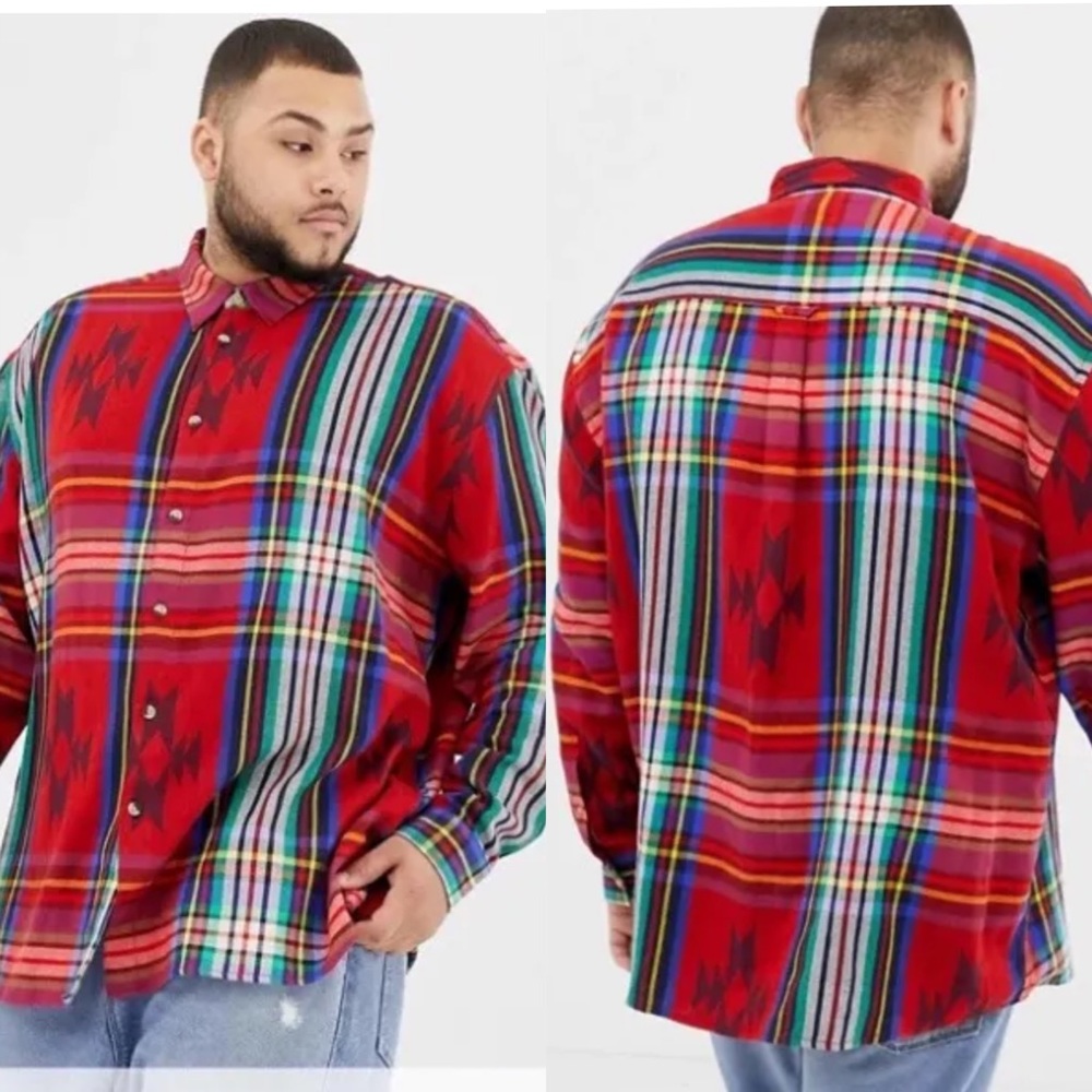 Asos Design Plus Oversized Aztec Check Button Up … - image 1
